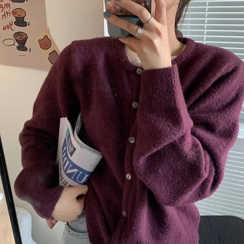 Autumn Korean Fashion Elegant Sweaters 90s Cardigan O Neck Purple Grey y2k Loose Oversize Sweater Women Argyle Cardigans 2023