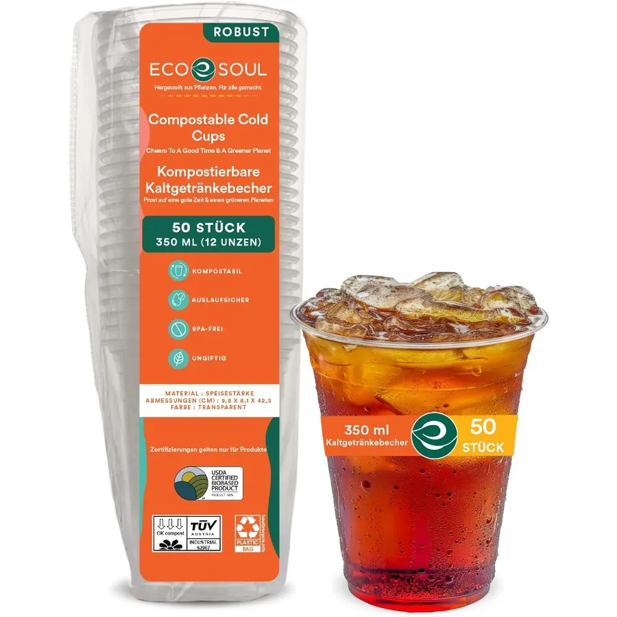 

100 прозрачных компостируемых чашек для вечеринок, 50 шт., 12 унций, одноразовые, биоразлагаемые, экологически чистые, альтернатива на основе растений для бумаги и пластика