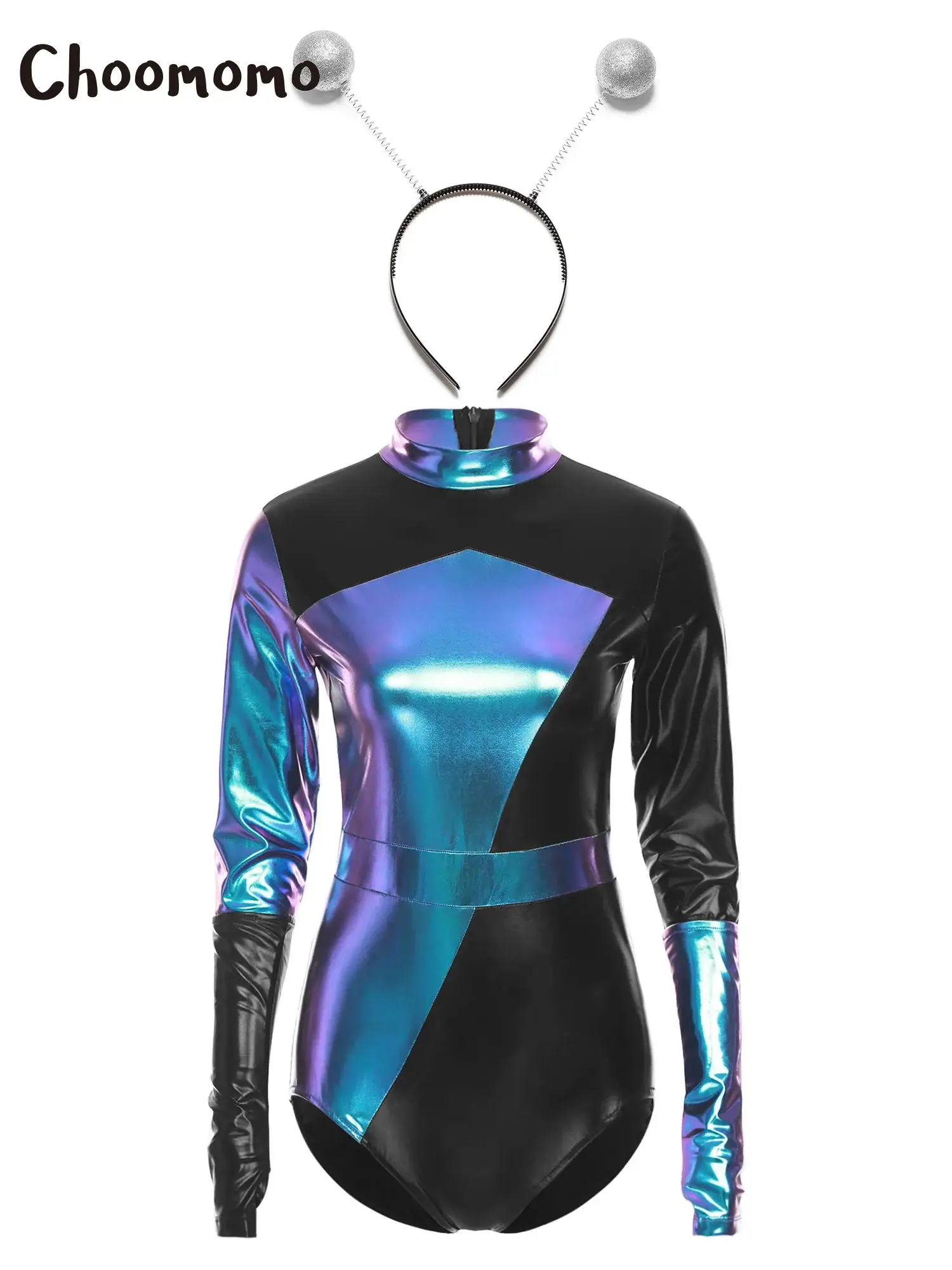 

Womens Alien Outer Space Costume Halloween Cosplay Leotard with Long Sleeves Metallic Color Block Bodysuit Gloves Headwear Set