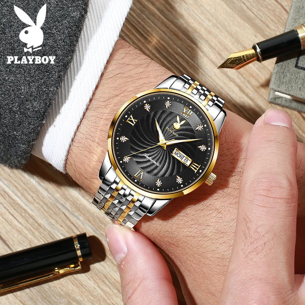 PLAYBOY Ultra Thin Dial Man Watch Stainless Steel Automatic Mechanical Luxury Watches for Men High Quality Men\'s Wrist Watches