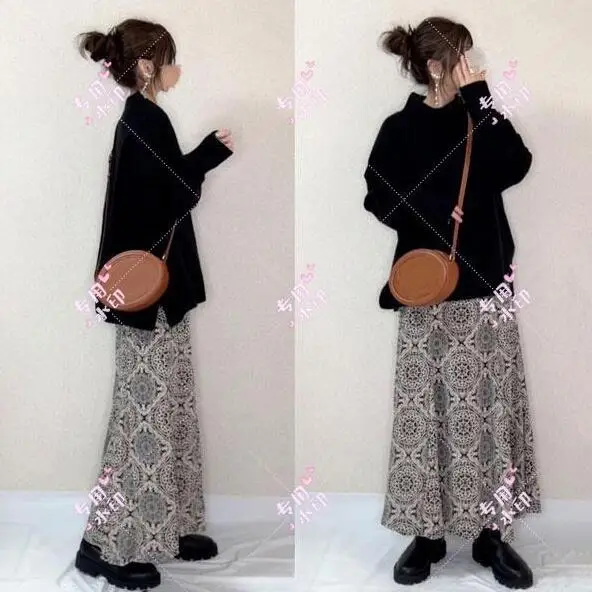 

Spirng New 2024 Japan Style Women Two-piece Set High Neck Loose Knitted Sweaters + Elastic Waist Pleated Printed Skirt Ins Trend