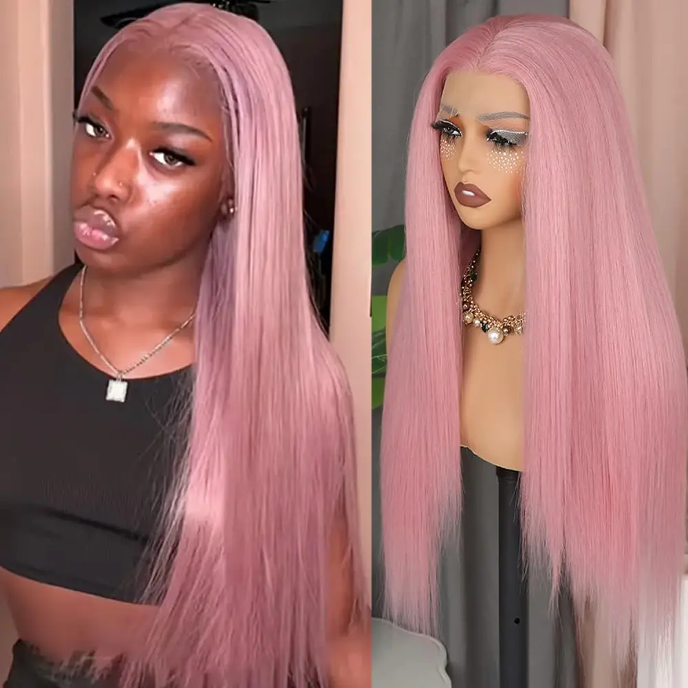 

Pink Long Straight 13x6 Lace Frontal Wig Pre plucked Pink Lace Front Wigs Glueless Natural Hairline Lace Wigs for Black Women