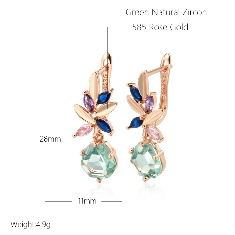 Kinel Fashion Unique Green Stone Drop Earrings for Women Rhombus Natural Zircon 585 Rose Gold Color Vintage Wedding Jewelry