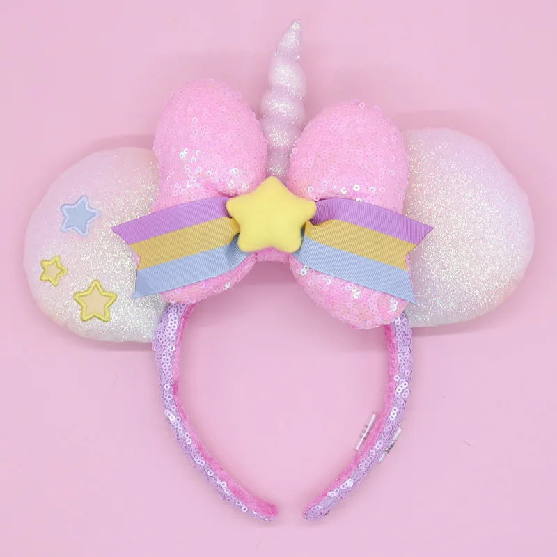

2025 Disney Mickey Mouse Ear Headband Amusement Park Hair Hoop Fish scale sequin mesh Party Headwear Girl Toy Birthday