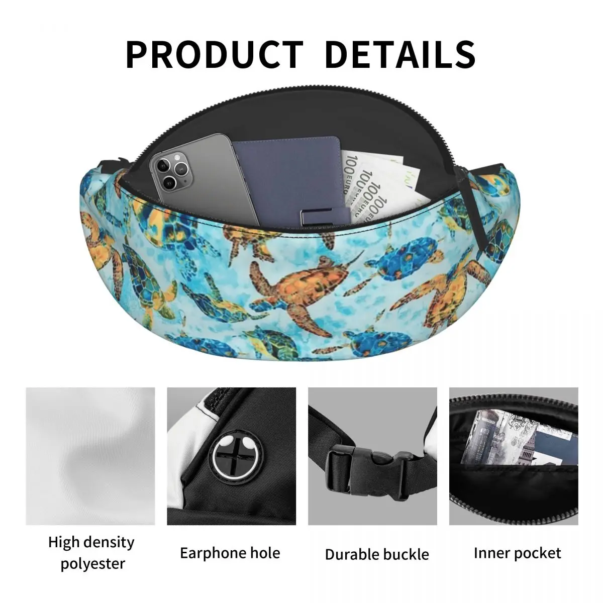 Bolsa de cintura crossbody para homens e mulheres, aquarela Fanny Pack, Cool Ocean Lover, Turtles Pattern, Phone Money Pouch, ciclismo, Camping