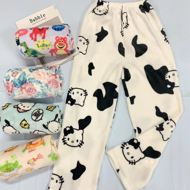 Pantalones informales mullidos de felpa para dormir para mujer, ropa de dormir, pantalones gruesos y cálidos, Hello Kitty, Pochacco