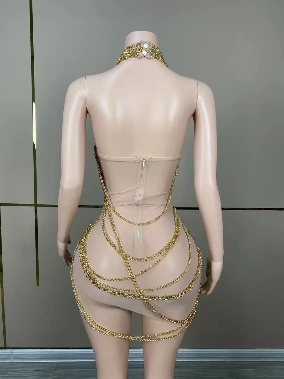 Fashion See Through Nude Mesh Women Dress Shiny Golden Chain Dress Party Bar Wear Singing Stage Performance Costume