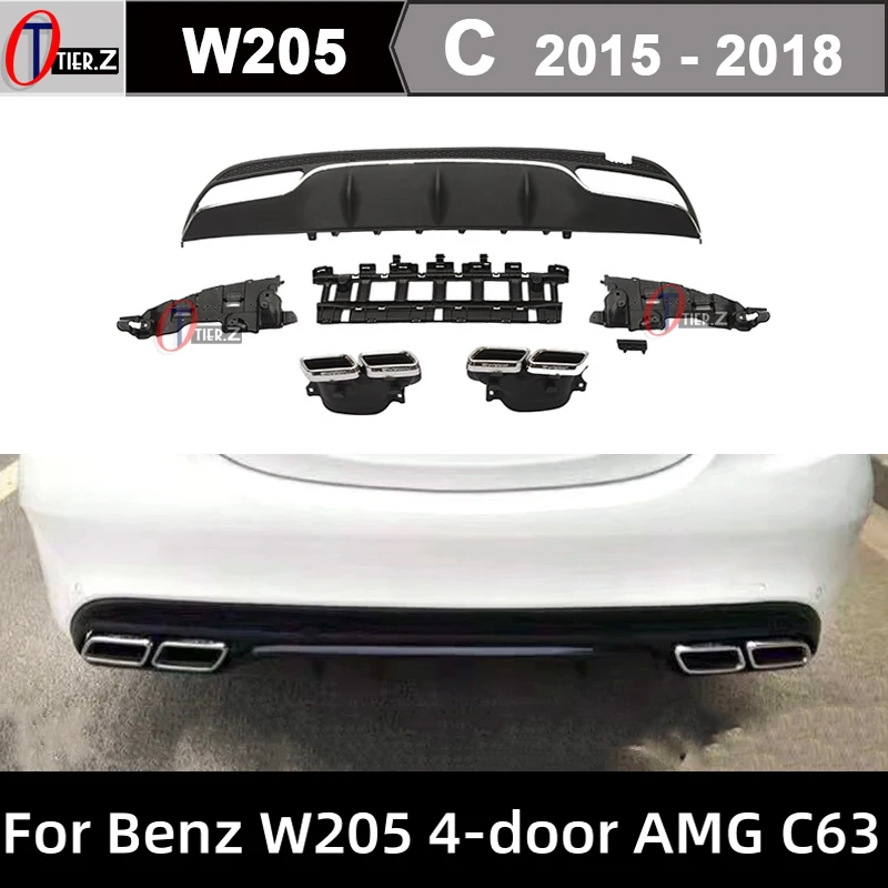 Car Rear Lip Body Kit for Mercedes Benz C-Class W205 4-door AMG C63 2015-2018 4-outlet Exhaust Tips Muffler Diffuser Accessories