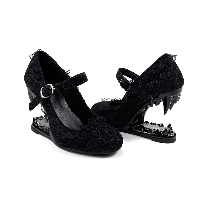 2026 New Y2K Punk Gothic Dark Lolita Mary Jane Pumps, Black Lace Fangs‑Shaped Special Heel, 10cm Heel 1cm Platform Women Shoes