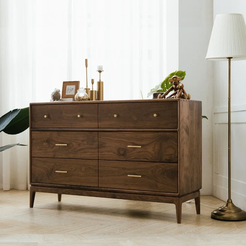 Black Walnut Solid Wood Chest of Six Drawers Storage Cabinet Nordic Bedroom Chest of Drawers Side Cabinet