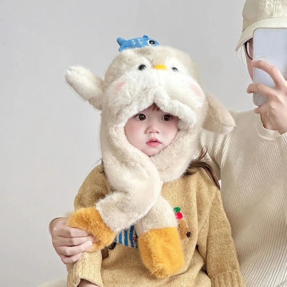 

Fluffy Kids Ear Protection Cap Solid Color Windproof Children Plush Pullover Cap Thickened Warm Penguin Ear Moving Hat