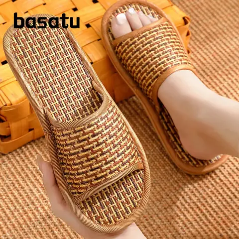 BASATU 여성과 남성 슬리퍼 미끄럼 방지 홈 등나무 잔디 실내 커플 홈 남성과 여성 봄과 여름 대나무 짠 샌들