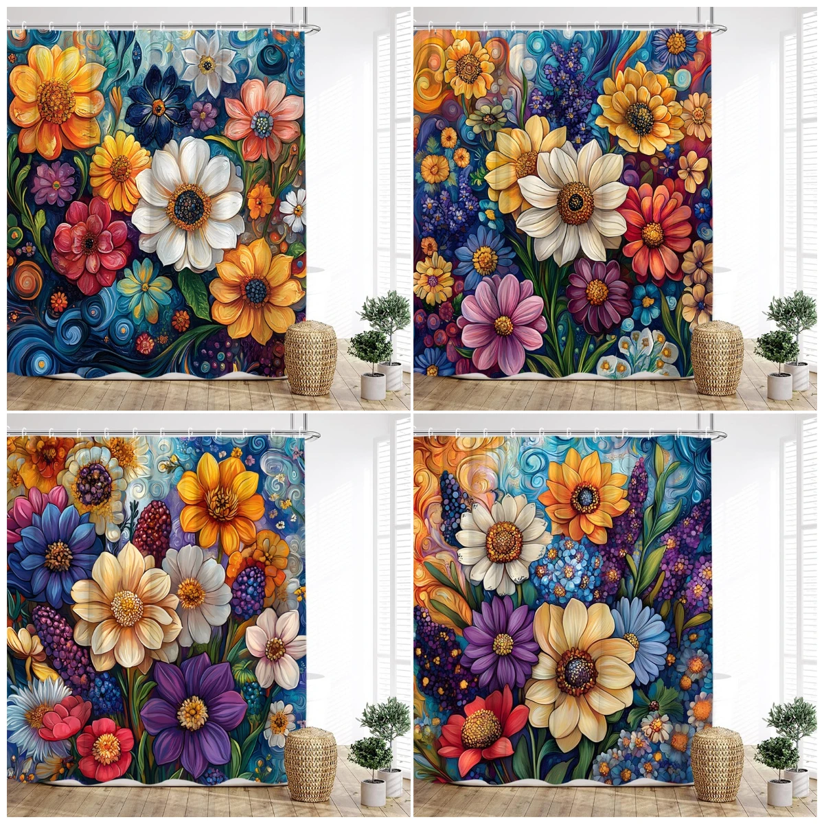 Vintage Boho Floral Shower Curtains Colourful Flowers Botanical Pattern Modern Polyester Fabric Home Bathroom Curtain Decor Set