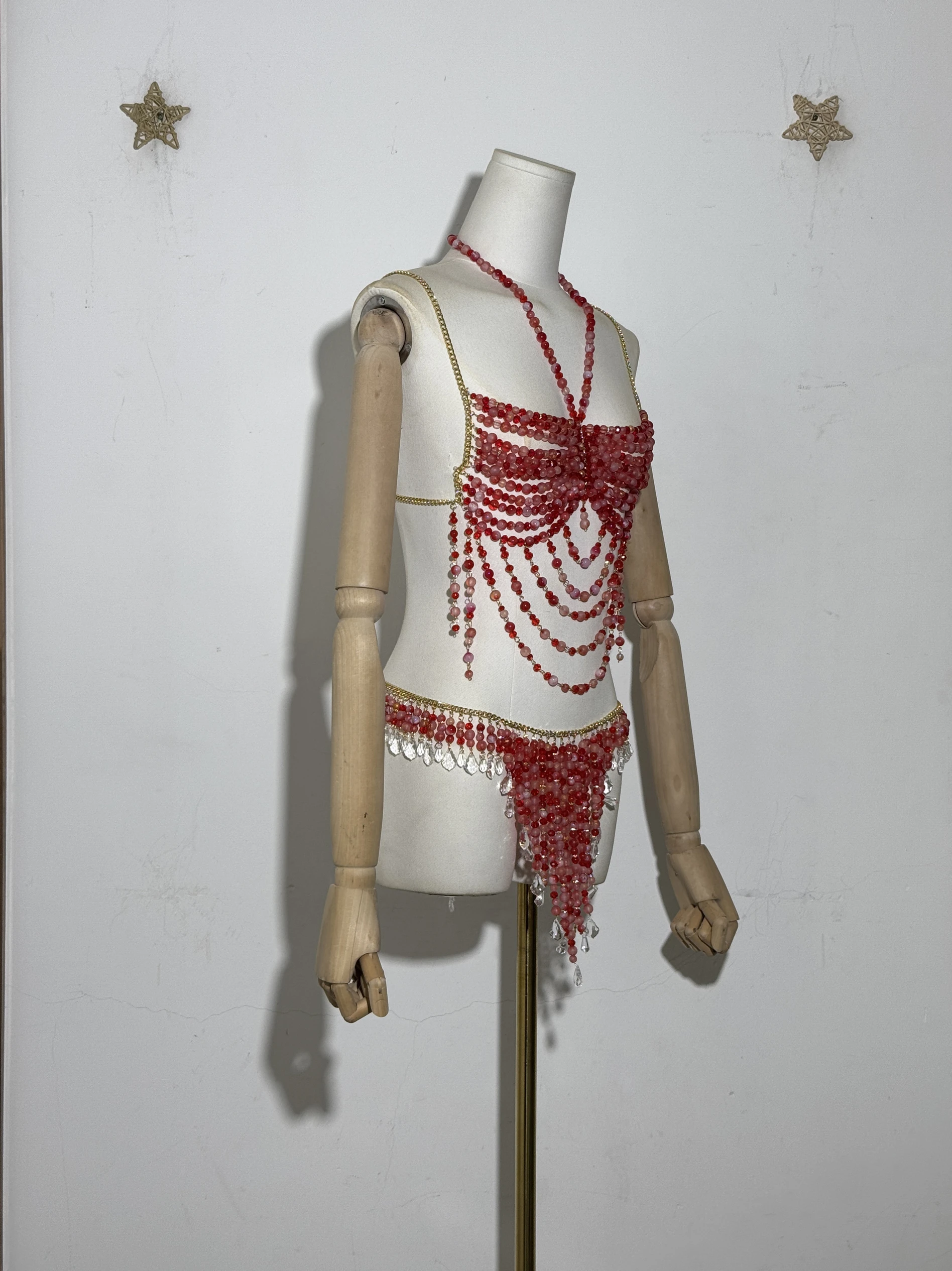 Sexy femmes à la main corps chaîne bijoux de mode Bikini soutien-gorge perlé licou romantique débardeur Beahwear voir à travers Lingeie