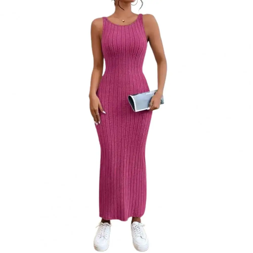 

Women Dress Elegant Striped Maxi Dress Sleeveless Backless Slim Waist for Summer Vacation Beach Getaways Solid Color Dress