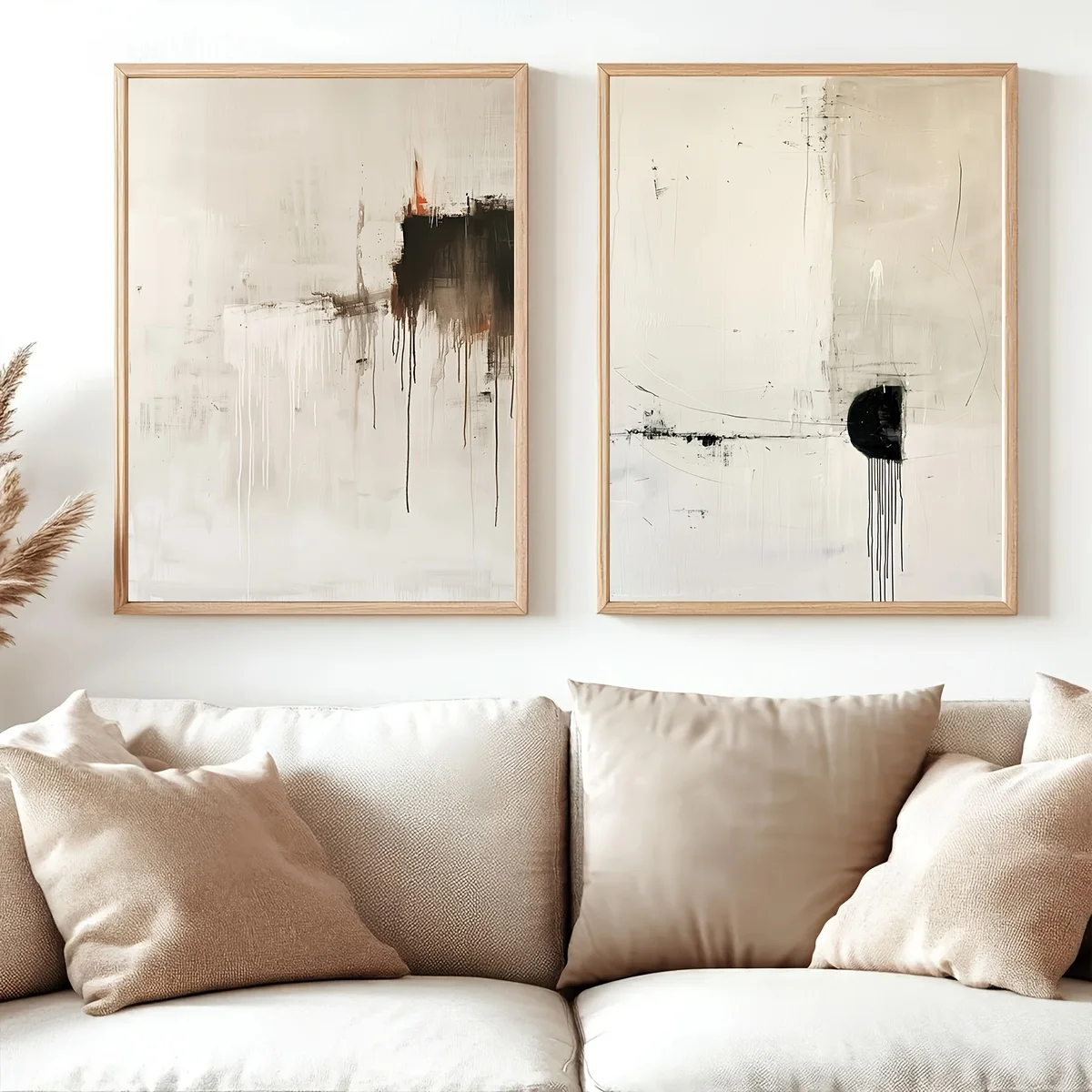 2pcs Frameless Canvas Wall Art,Minimalist Black White Abstract Wall Art Modern Beige Simple Geometric Art Print Neutral Posters