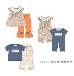 Ropa Summer Short Sleeve Round Neck Dress Three Tuckeys Embroidery Girl Top T-shit And Orange Pants Blue Boy Romper Clothes