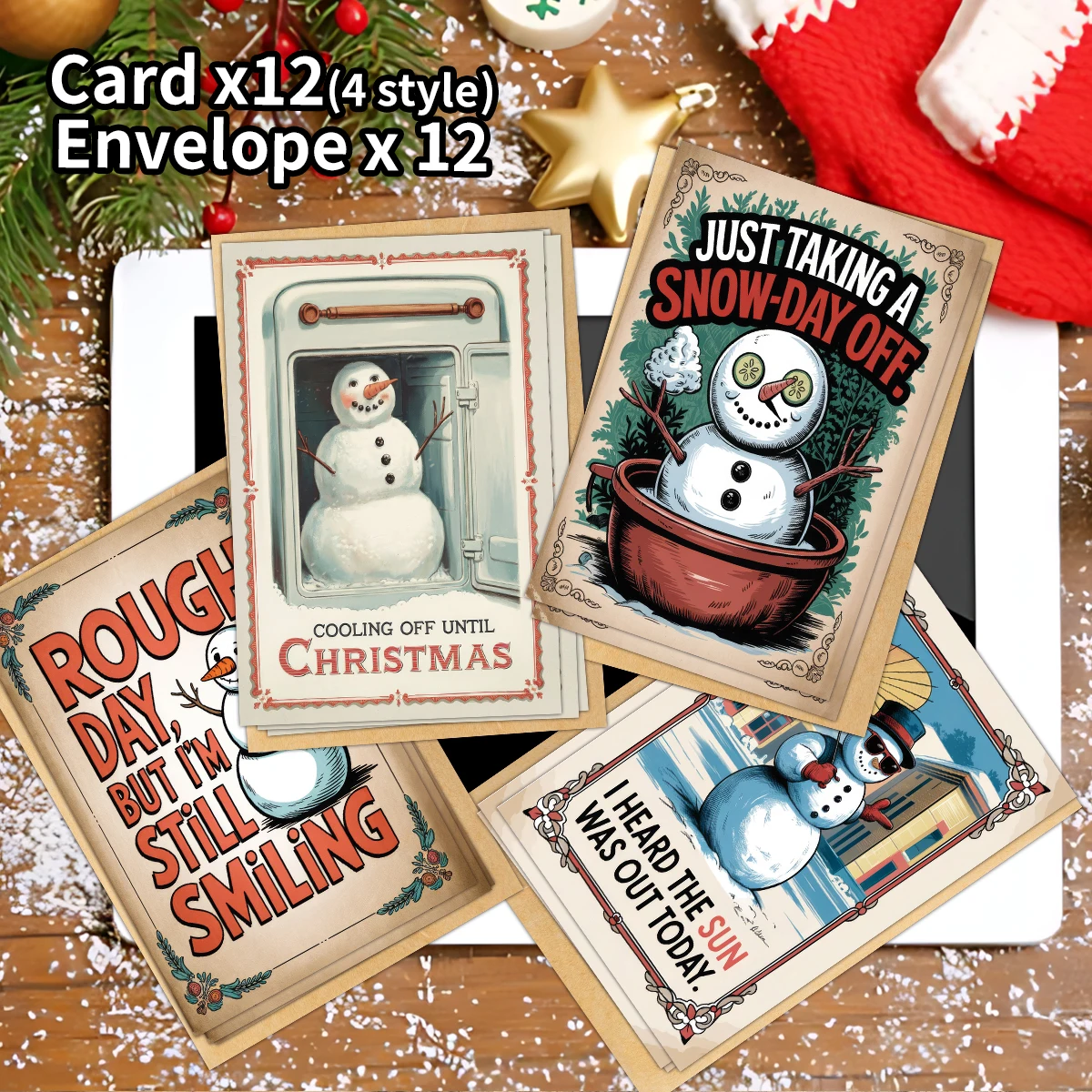 12 Stück Weihnachtsgrußkarten mit Umschlägen – Winterkarten-Kollektion mit lustigem Schneemann, festliche Cheer-Karten für Familie, Freunde
