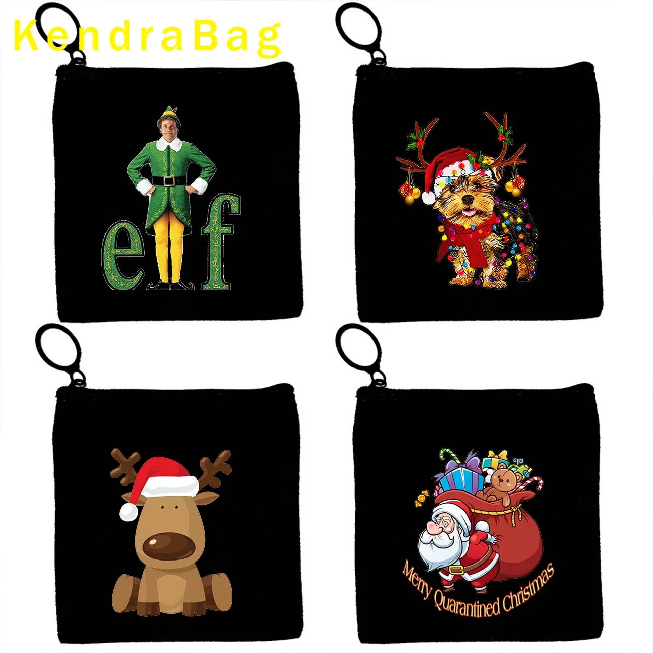 Funny Reindeer Merry Christmas Bear Hat Buddy Green Elf Rudolph Santa Key Coin Purse Canvas Bags Pouch Wallet Zipper Cute Gifts