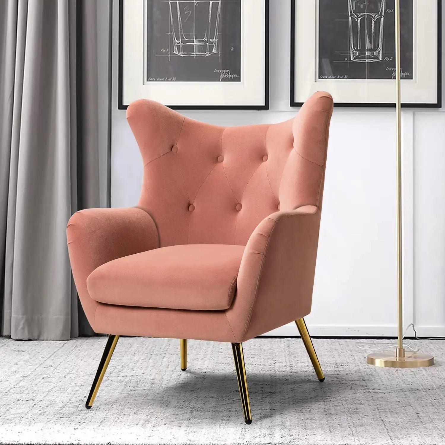 

HULALA HOME Velvet Accent Chair, Modern Wingback Arm Chair with Metal Gold Legs, Velvet Tufted Upholstered Single Sofa chair