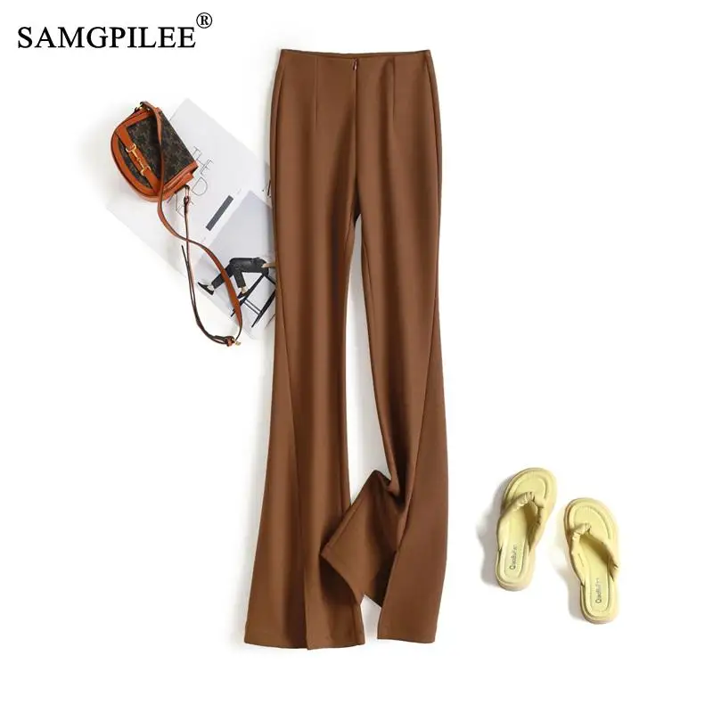 

Autumn Winter 2023 New Fashion Women Pants High Waist Front Slit Suit Fabric Casual Flared Mopping Y2k Vintage Female Trousers