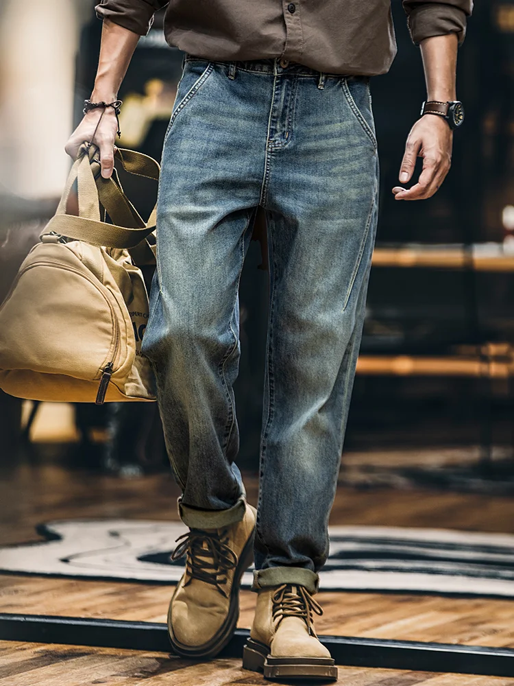 

Retro American Denim Jeans Men's Drawstring Semi-Elastic Waist Loose Straight Leg Long Trousers Trendy Elastic Cone Pants