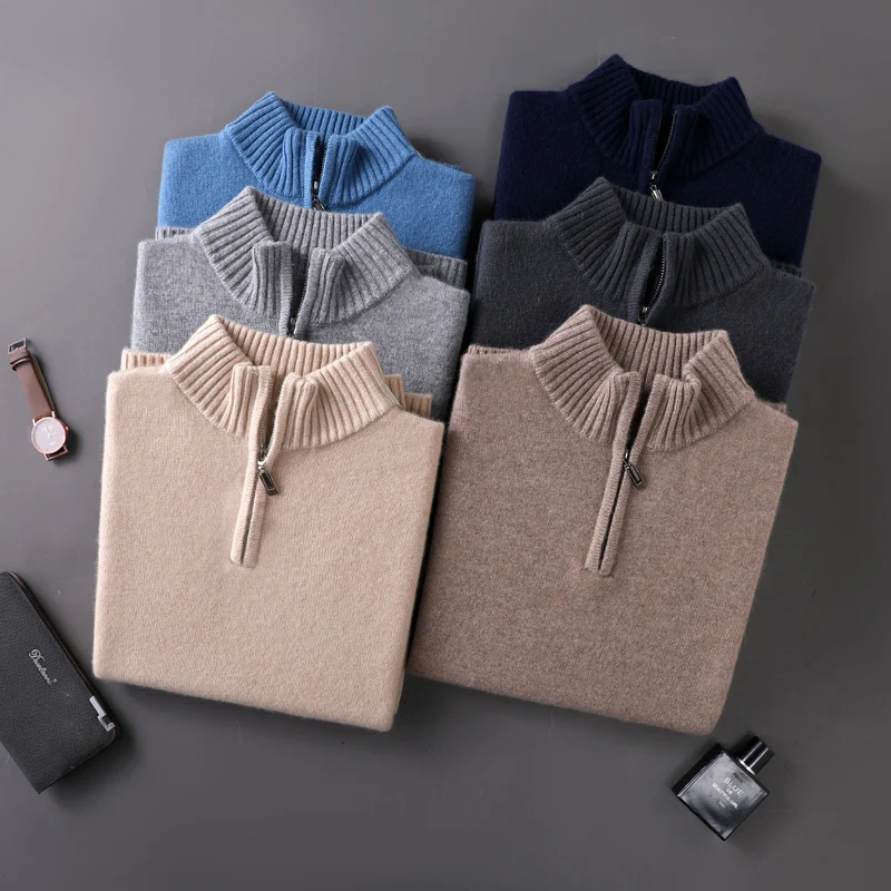 Luxury Men 100% Goat Cashmere Sweater Half Zipper Mock Neck Pullover Smart Casual Cashmere Knitwear Autumn Winter Thick Tops