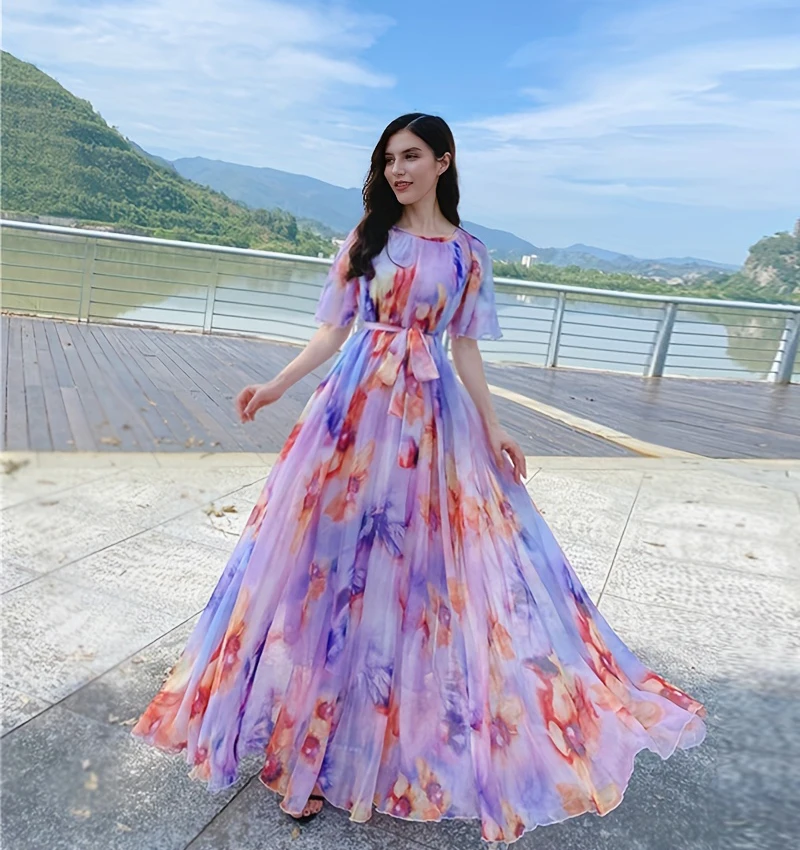 Plus Size Bohemian Beach Sundress Flying Clothing Chiffon Loose  Elegant Vestido Robes Lady Holidays Prom Long Dress Belt Which