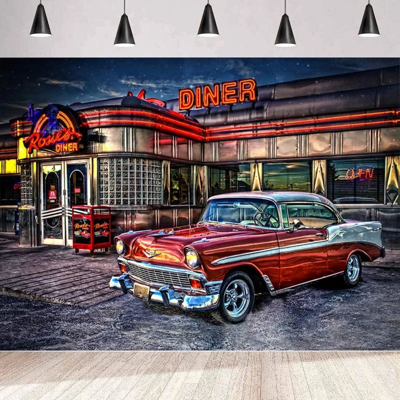 Vintage Rock Roll Diner Photography Backdrop 1950s Retro Nostalgia Classic Car Banner For Party Interior Decor Background