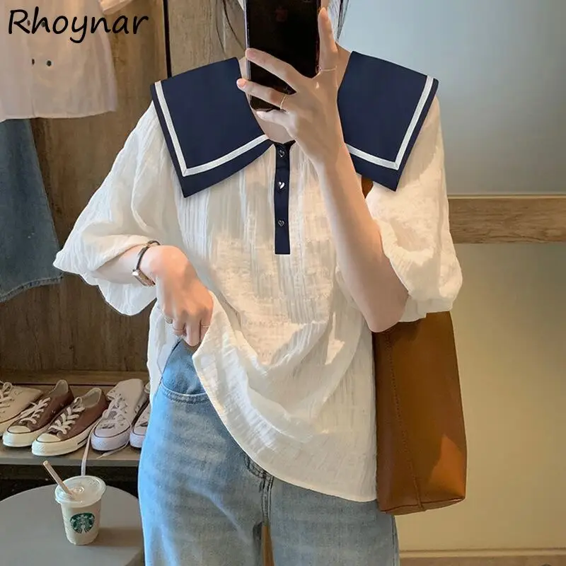 

L-4XL свободные блузки женские с матросским воротником классические милые модные для отдыха колледжа тонкие дышащие простые винтажные универсальные эстетические