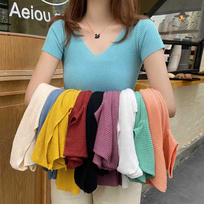 

New Summer Women T Shirt Sexy V Neck Female Slim Short Sleeves Top Knitted Ribbed Female TShirt Pullover Tops Soft Female