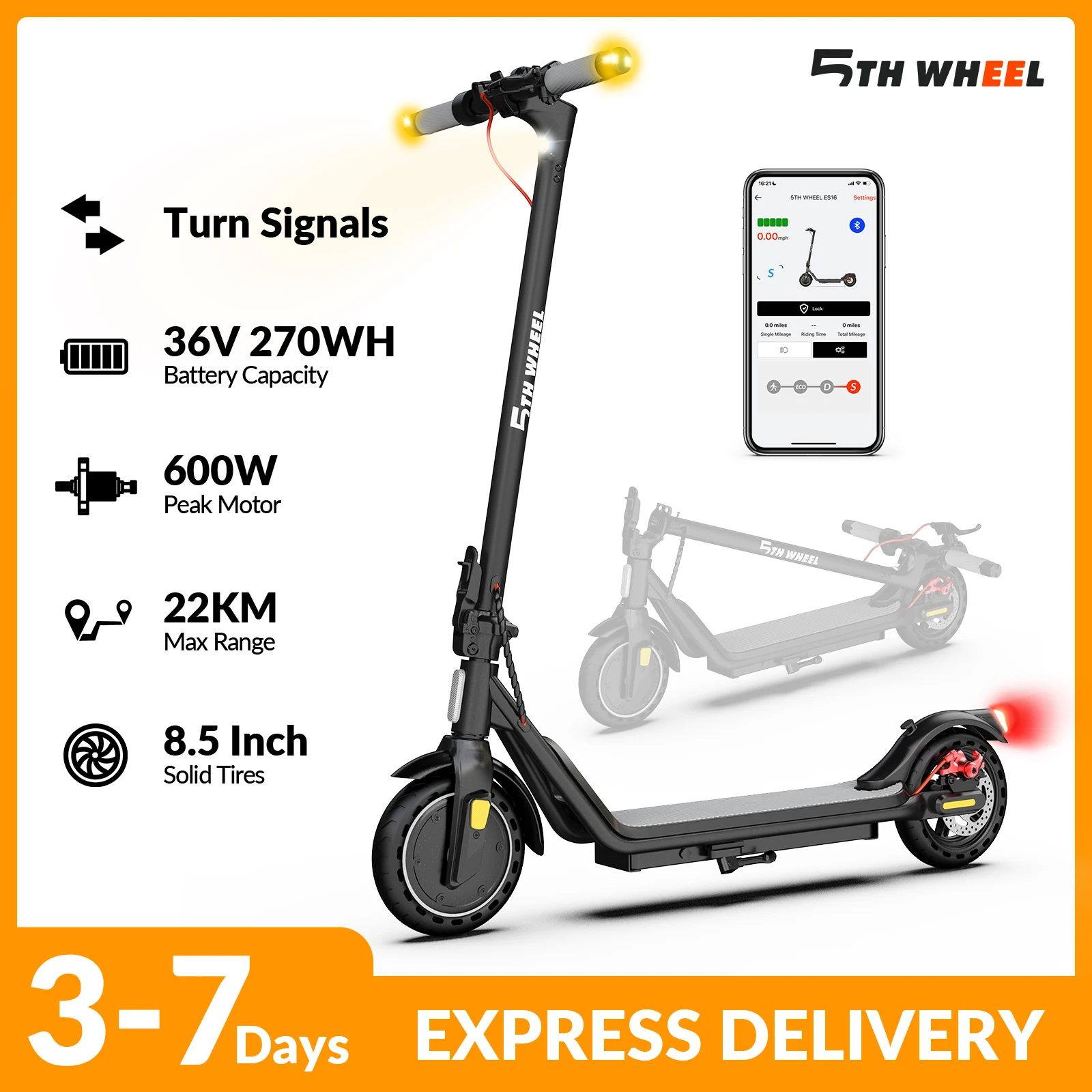 Trottinette électrique 5TH WHEEL, moteur 300W, 36V 270Wh, 20-22 km, commande par application, trottinette électrique pliable légère pour adultes et adolescents