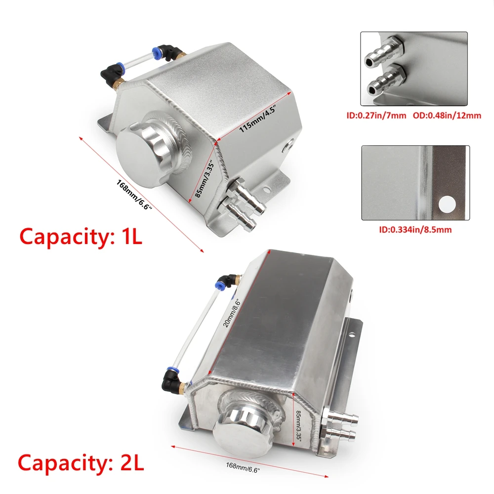 1L/2L Square Engine Coolant Radiator Overflow Oil Catch Can Reservoir Oil Fuel Tank With Drain Plug Breather Aluminum