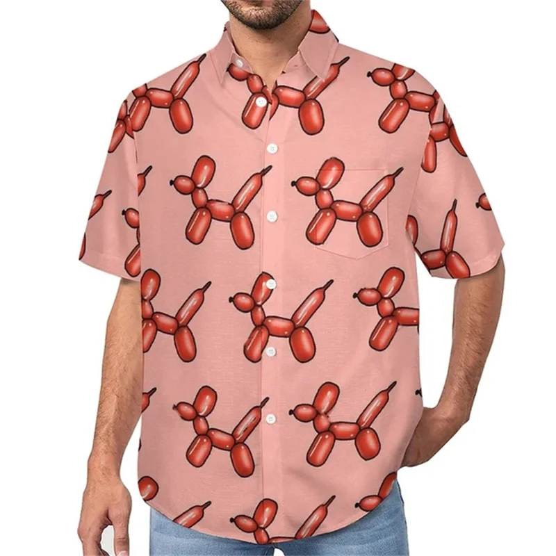 Balloon Dog Casual Loose shirt Red Animal Print Beach Shirt Hawaiian Short sleeve shirt Men print large size