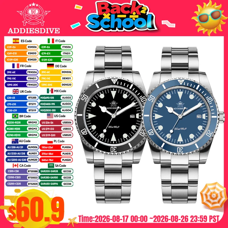 Picture: ADDIESDIVE 39mm Quartz Watches 316L Stainless Steel BGW9 Blue Luminous 20Bar Waterproof AD2068 Display Calendar Men's Watches