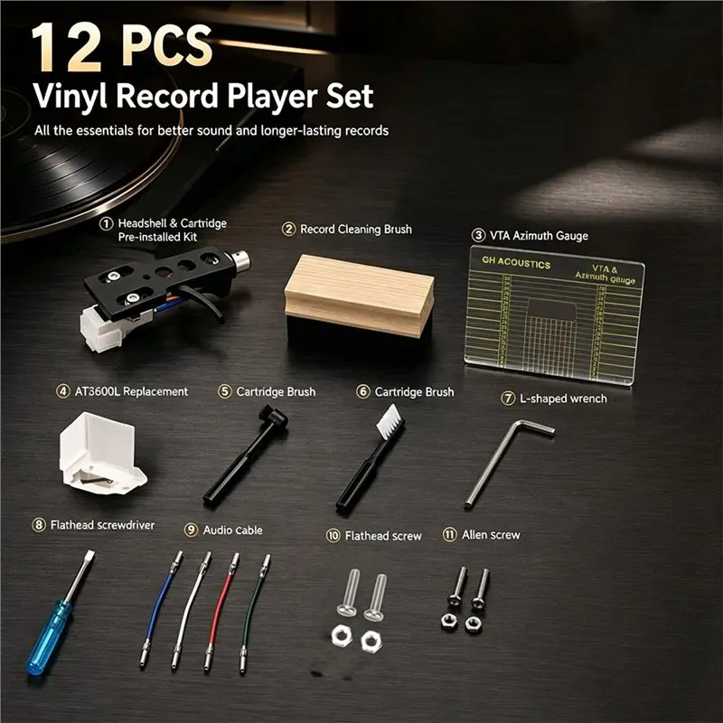 X12A-AT3600L Turntable Headshell Stylus+ VTA Azimuth Gauge Record Cleaner 12 PCS Set For Vinyl Record Players Beginner-Friendly
