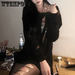 Knitted Broken Sweater Women Black Gothic Pull Pullover Loose Hollow Out Ripped Jumper Sexy See Through Thin Long Sleeve Top