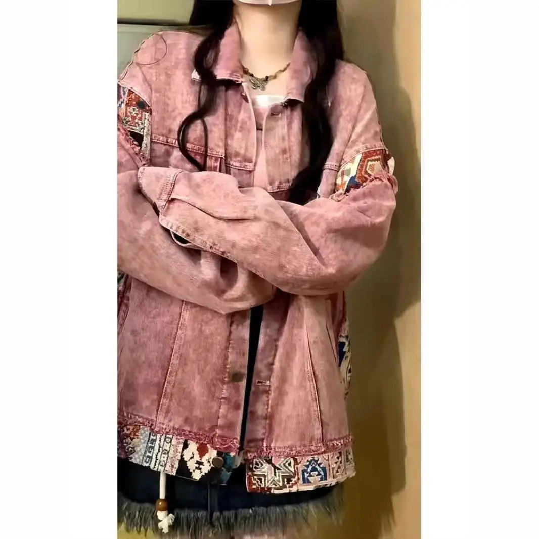 Trendy American Style Pink Denim Jacket For Men Loose Fit Versatile Distressed Casual Patchwork Top For Spring Autumn