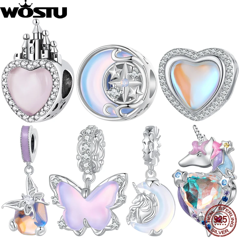 

WOSTU 925 Sterling Silver Glass Moon Starburst Charms Transparent Unicorn Pendants Fit Original Bracelet DIY Jewelry Gift