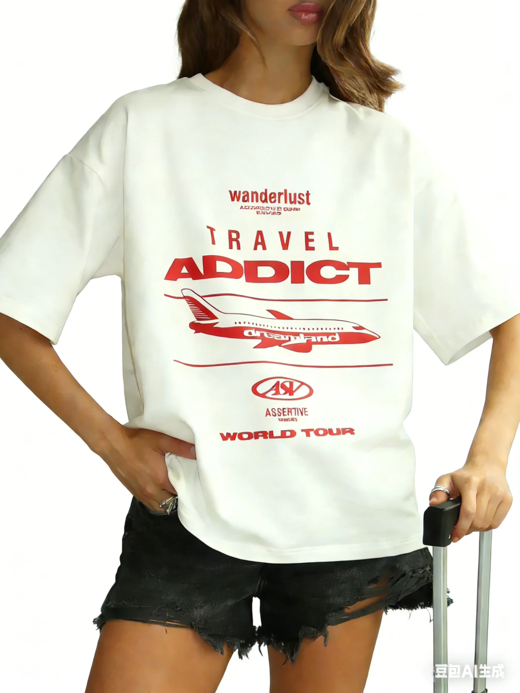 Travel Addict Airplane Graphic Tee | 100% Cotton Wanderlust World Tour Casual T-Shirt Chic Sweet Women Girls Large Size Summer