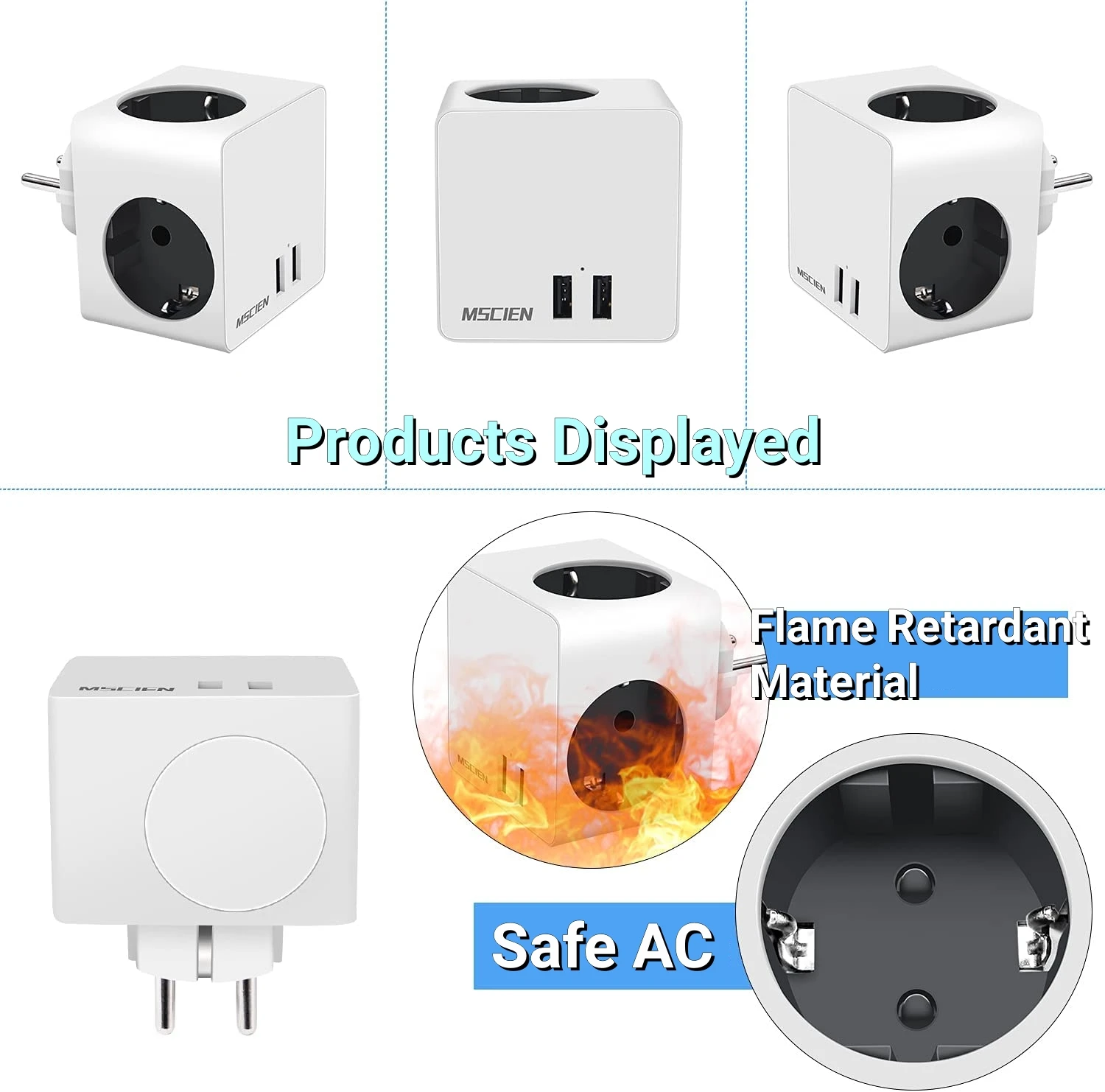 MSCIEN EU Plug Adaptor Surge Protected Cube Multi Plug Extension Wall Socket with USB Charging Ports European Smart Power Strip