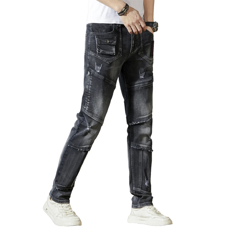 Men's black jeans trendy American street zipper slim fit pencil pants stitching stretch casual motorcycle pants