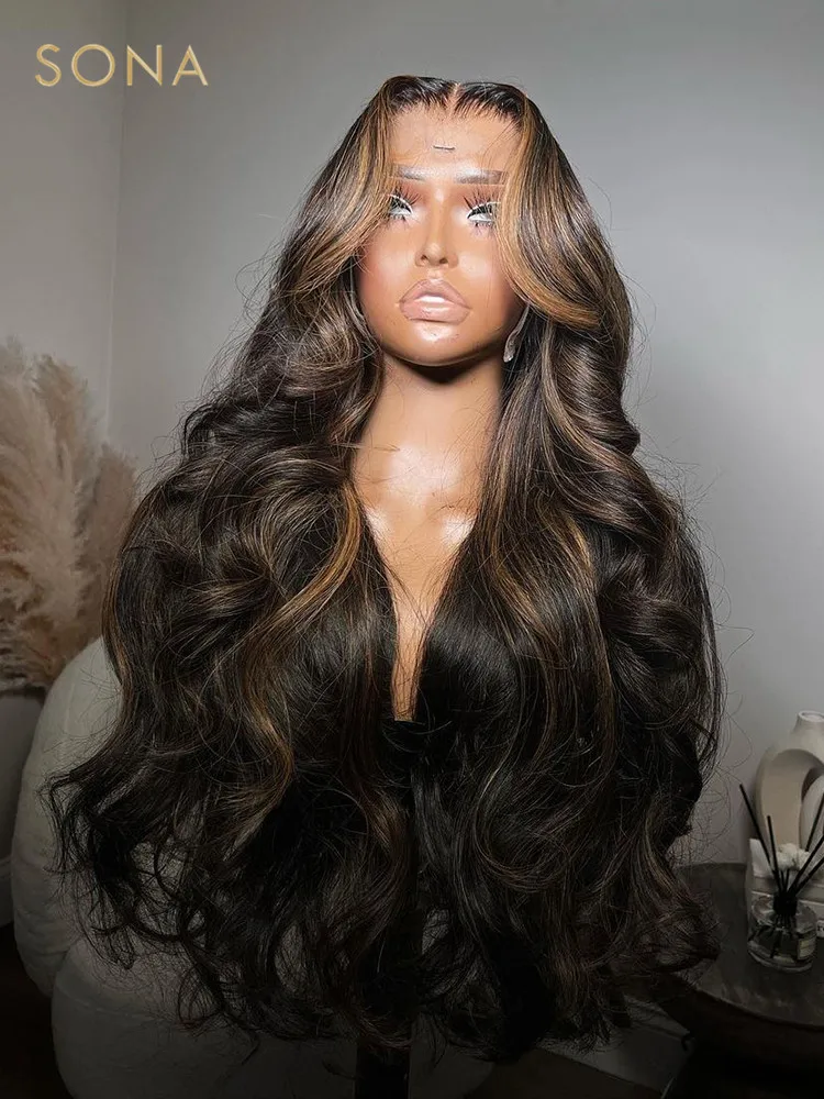 13x6 HD Transparent Lace Frontal Wig Brown Highlight Body Wave Honey  Blonde Colored Human Hair With Highlights Wigs Human Hair