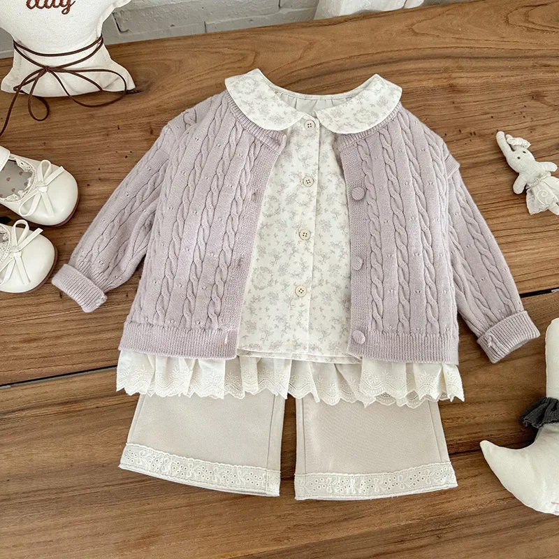 

Girls Suit 2025 Autumn New Children's Clothing Baby Fashion Knitted Cardigan Doll Shirt Pants Three Sets of 1-3 Years Old Casual