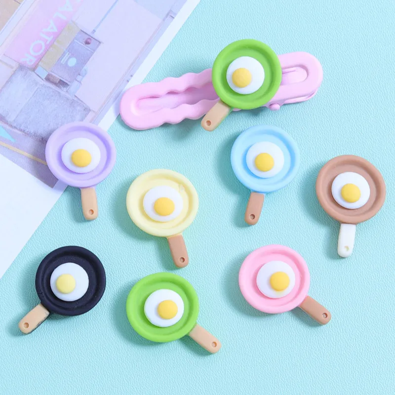 10Pcs Cartoon Frying Pan Fried Eggs Resin DIY Barrette Icebox Mobile Phone Case Handwork Materials Children Plaything Cream Glue