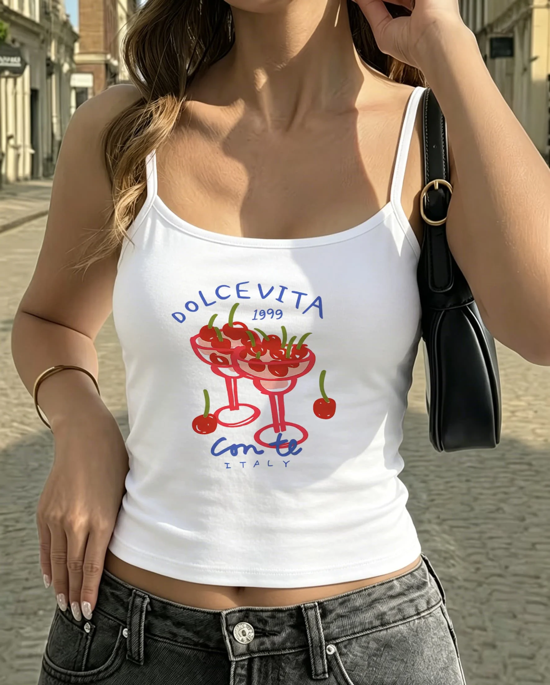 Cherry Cocktail Dolce Vita Italy Camisole Women Lettering Graphic Tank Top Tomato Girl Aesthetic Cute Party Wear Attire