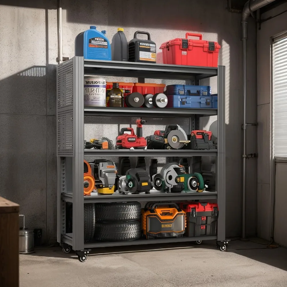 

5-Shelf Metal Storage Shelves, 1600 lbs Garage Shelving Unit, Adjustable Industrial Heavy Duty, with Wheels, Storage Wire Rack