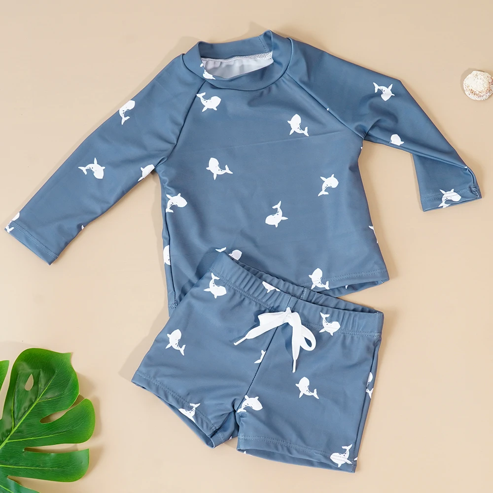 Summer Baby-Boys Toddler Long Sleeved Rashguard Swim Bathing Suit Set Long Sleeve Round Collar Sunscreen Swimsuit