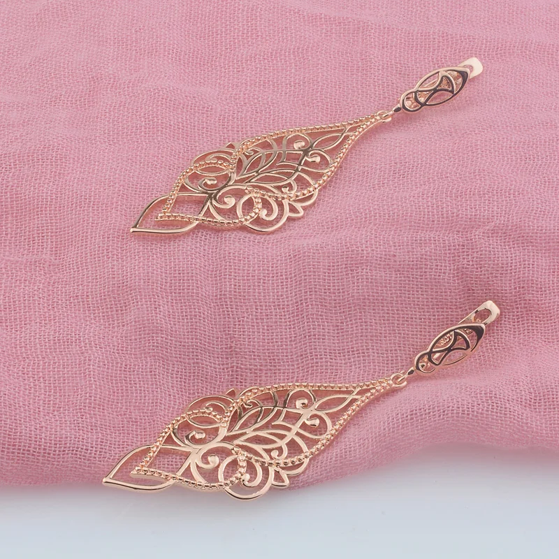 FJ Women Big Long 585 Rose Gold Color Weaving Flowers Earrings Jewelry