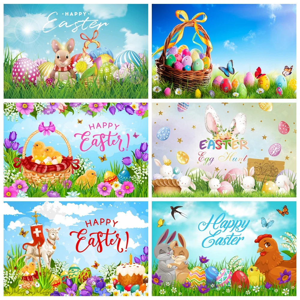 

Spring Easter Cartoon Backdrop Bunny Egg Grass Flower Blue Sky Rainbow Background Kids Birthday Hunt Party Photo Booth Props